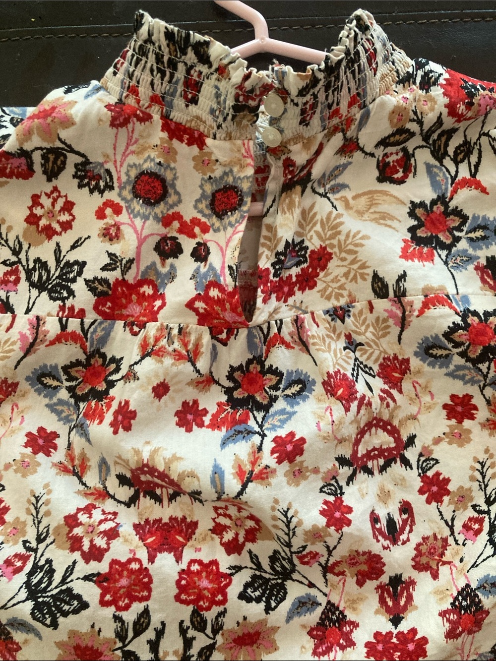 LOFT Floral Smocked Neck Short Sleeve Blouse in Cream and Red - Picture 2 of 3